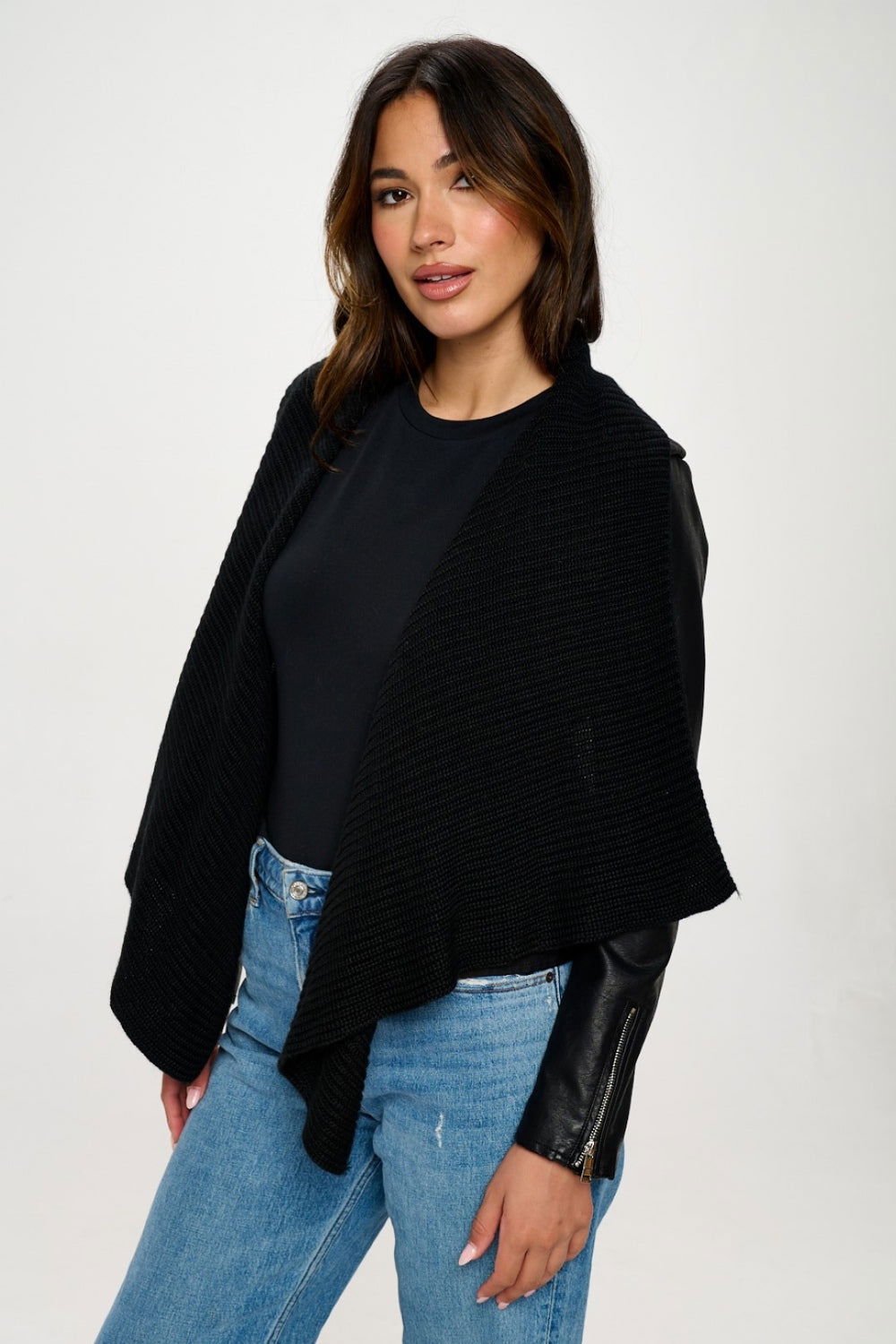 Coalition LA Knit Collared Faux Leather Crop Jacket us.meeeshop - Coats & Jackets