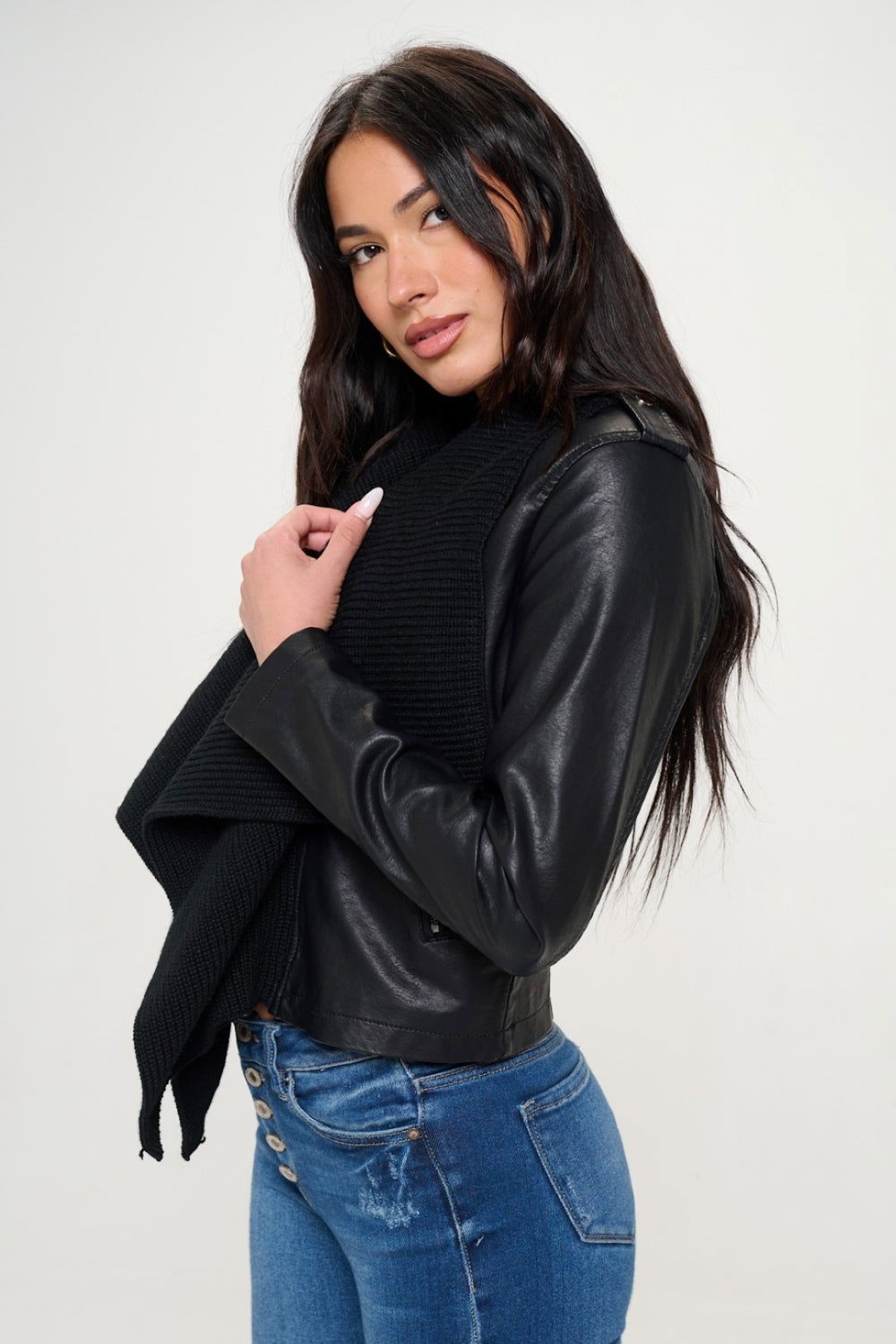 Coalition LA Knit Collared Faux Leather Crop Jacket us.meeeshop - 