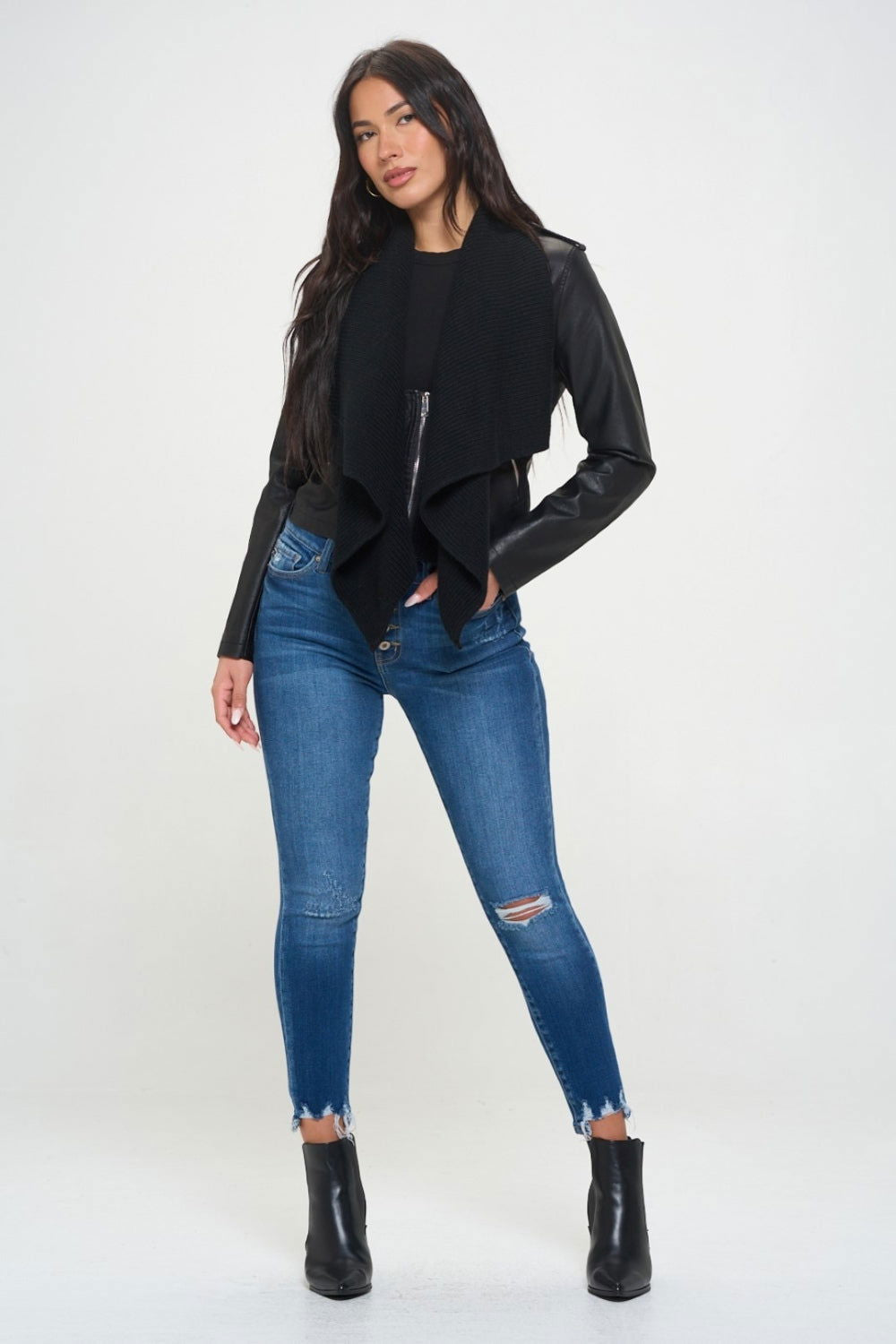 Coalition LA Knit Collared Faux Leather Crop Jacket us.meeeshop - 