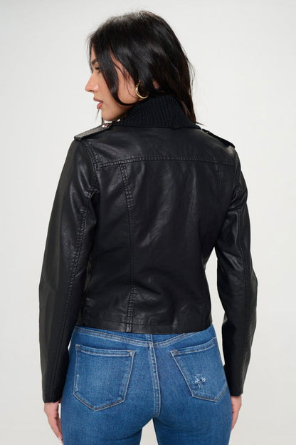 Coalition LA Knit Collared Faux Leather Crop Jacket us.meeeshop - 