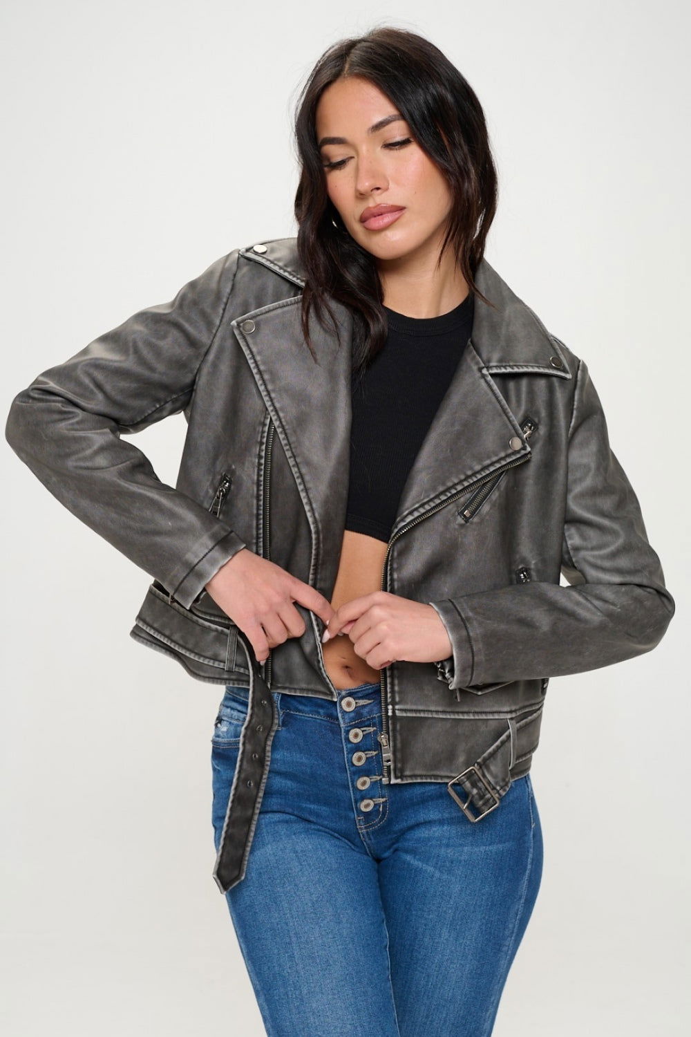 Coalition LA Zip Up Biker Jacket with Belt us.meeeshop - 