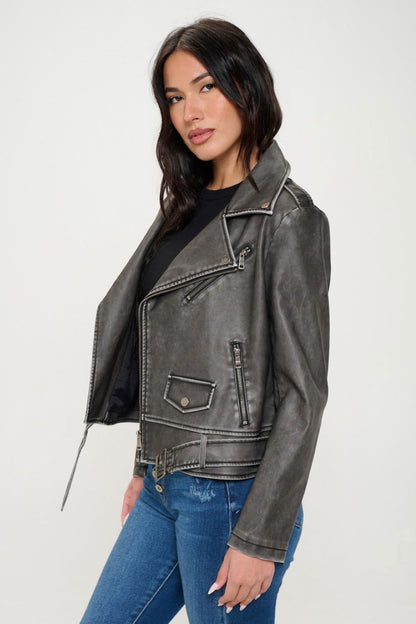 Coalition LA Zip Up Biker Jacket with Belt us.meeeshop - Coats & Jackets