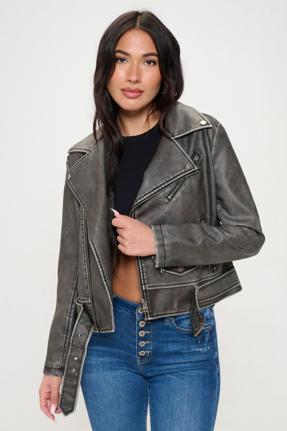 Coalition LA Zip Up Biker Jacket with Belt us.meeeshop - 