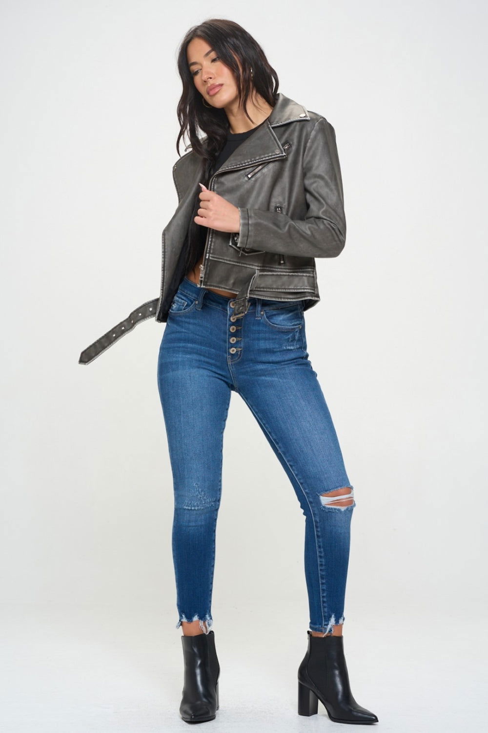 Coalition LA Zip Up Biker Jacket with Belt us.meeeshop - 