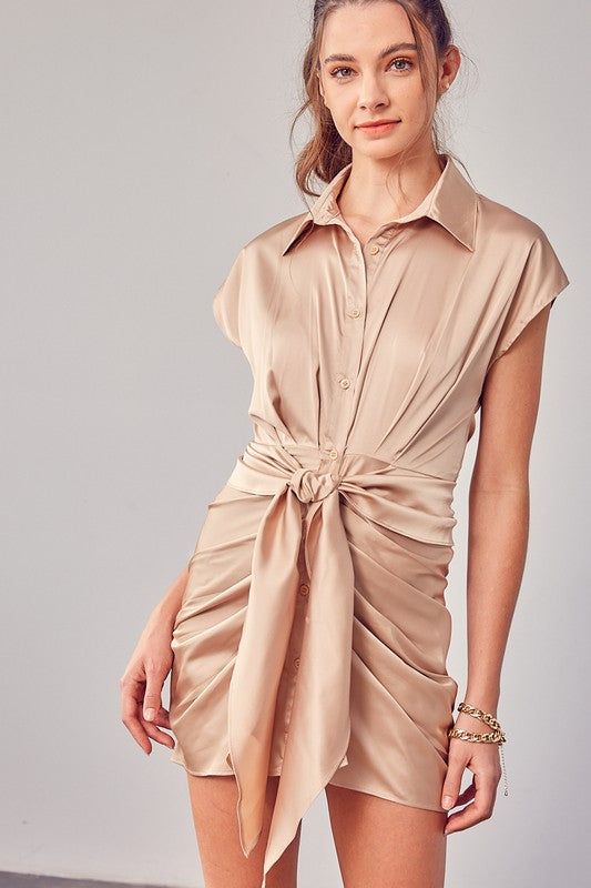 Collar Button Up Front Tie Dress us.meeeshop - 