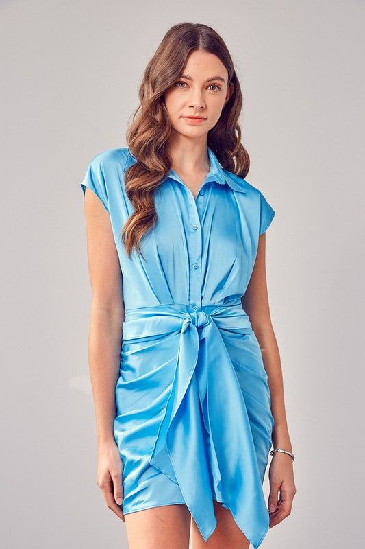 Collar Button Up Front Tie Dress us.meeeshop - 