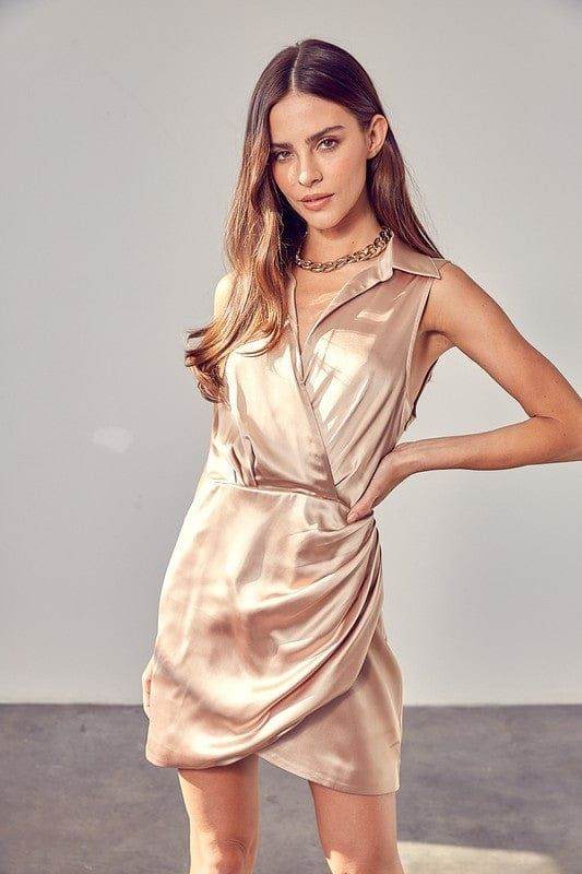 Satin wrap dress with collar, sleeveless design, and draped detail - us.meeeshop