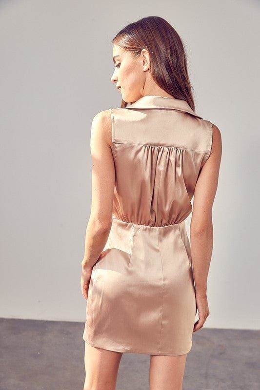 Satin wrap dress with collar, sleeveless design, and draped detail - us.meeeshop