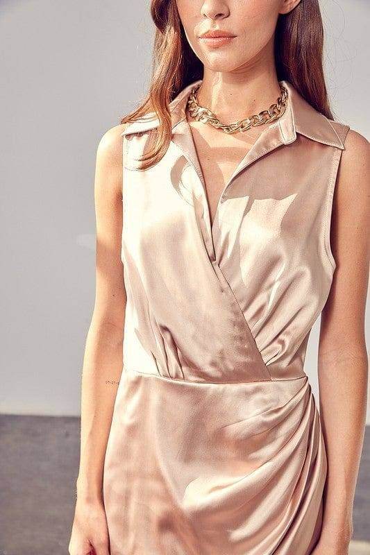 Satin wrap dress with collar, sleeveless design, and draped detail - us.meeeshop