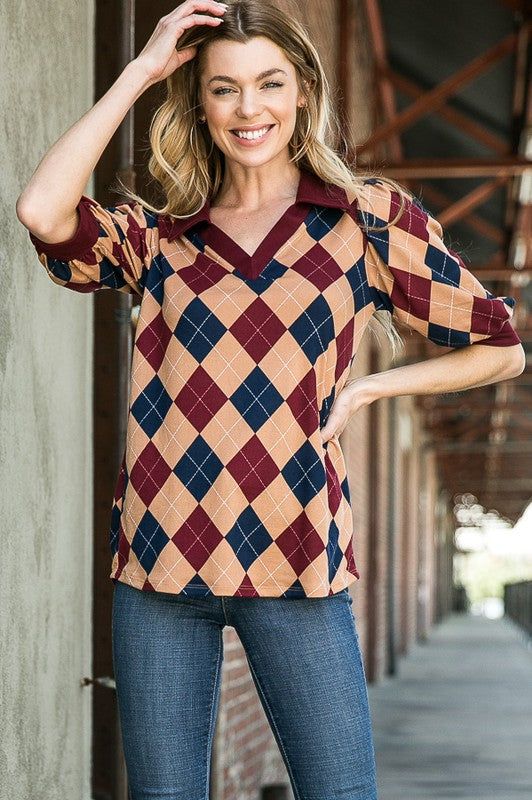 Collared Argyle Top us.meeeshop - 