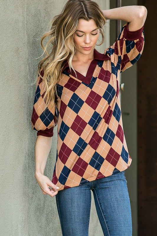 Collared Argyle Top us.meeeshop - 