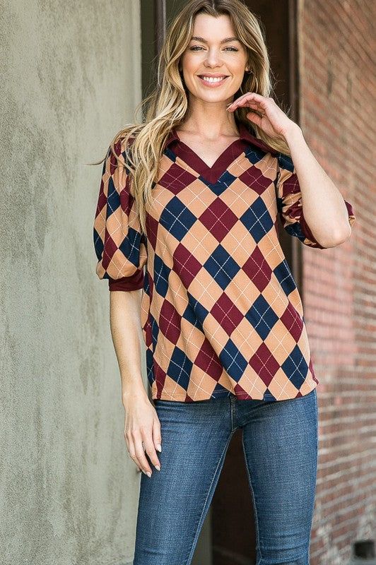 Collared Argyle Top us.meeeshop - Shirts & Tops