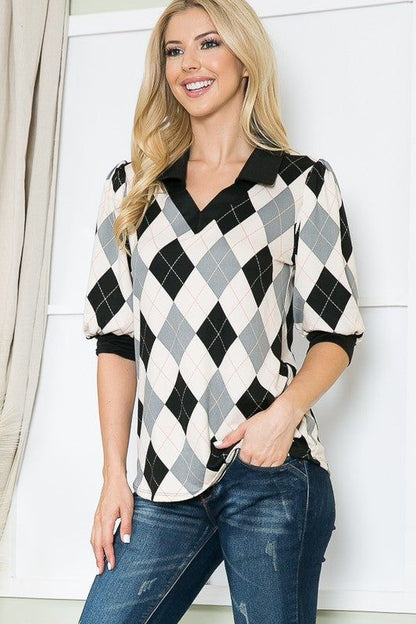 Collared Argyle Top us.meeeshop - 