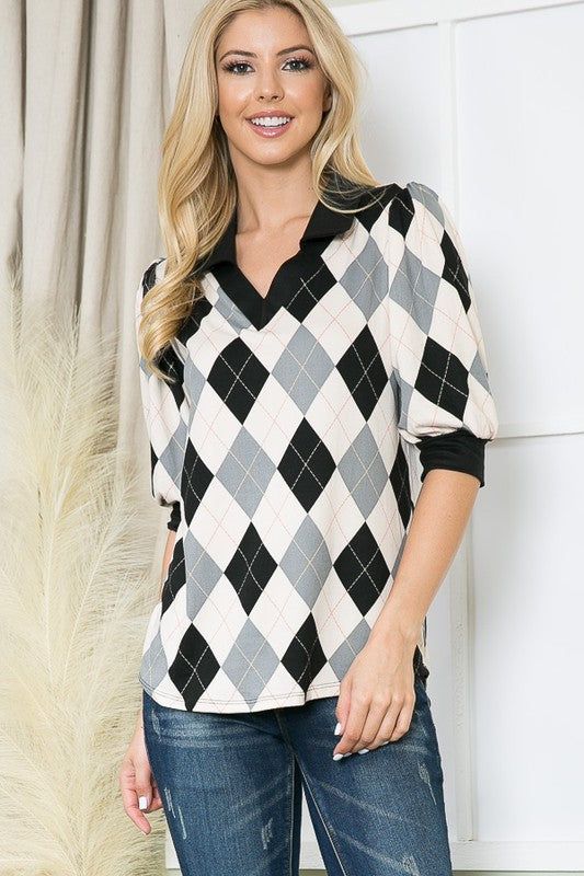 Collared Argyle Top us.meeeshop - 