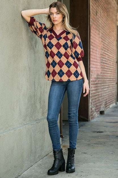 Collared Argyle Top us.meeeshop - 