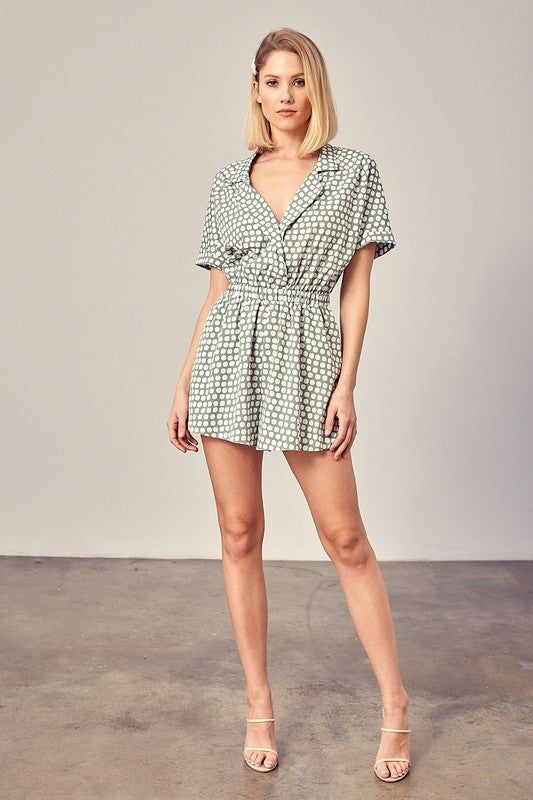 Collared Overlap Polka Dot Romper us.meeeshop - Jumpsuits & Rompers