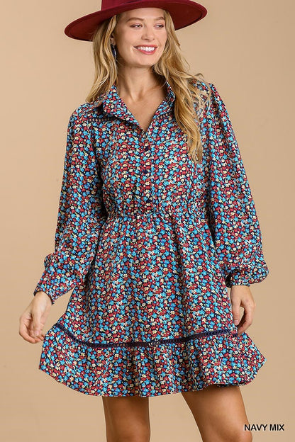 Collared neckline button down floral print dress with crochet trimmed details | us.meeeshop