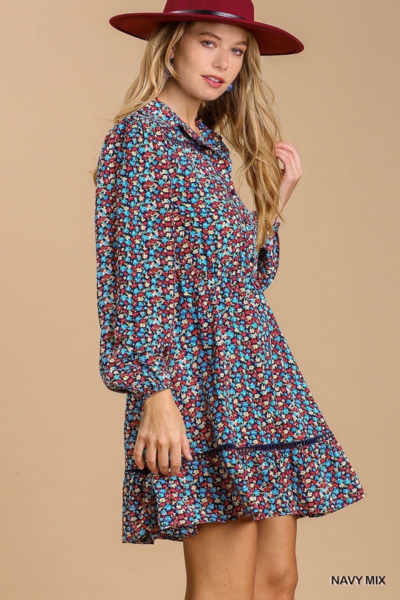Collared neckline button down floral print dress with crochet trimmed details | us.meeeshop