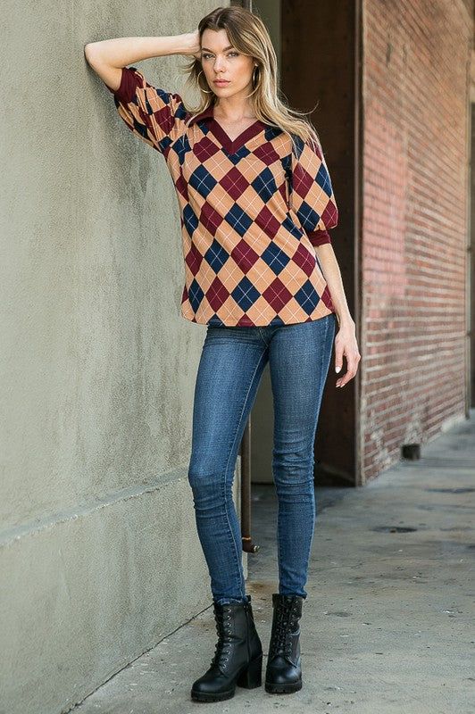 Collared Argyle Top - us.meeeshop