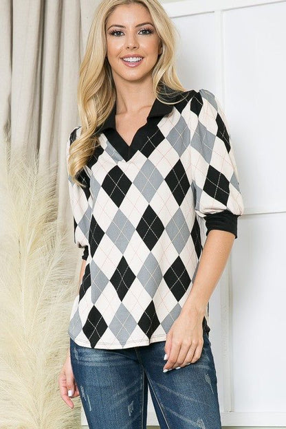 Collared Argyle Top - us.meeeshop