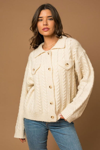 Gilli Collared Cable Sweater Cardigan - us.meeeshop