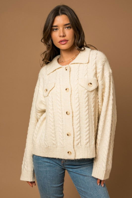 Gilli Collared Cable Sweater Cardigan - us.meeeshop