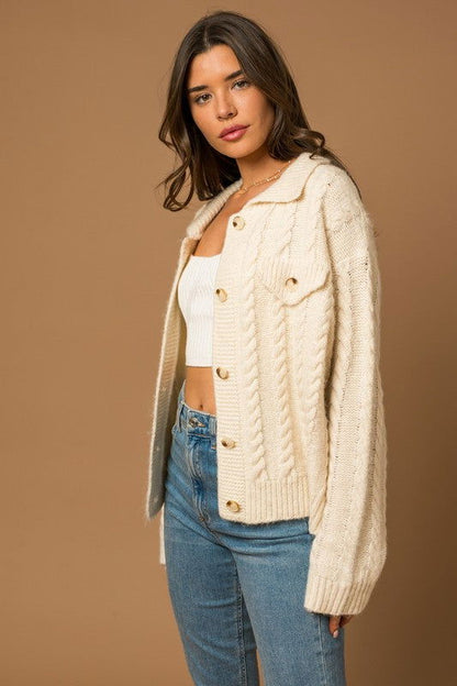 Gilli Collared Cable Sweater Cardigan - us.meeeshop