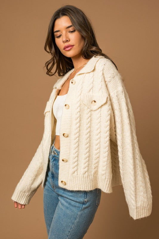 Gilli Collared Cable Sweater Cardigan - us.meeeshop