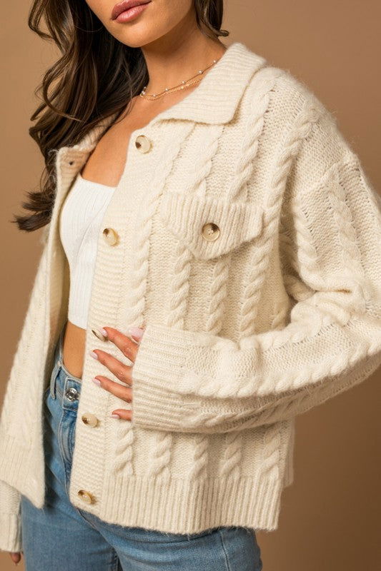 Gilli Collared Cable Sweater Cardigan - us.meeeshop