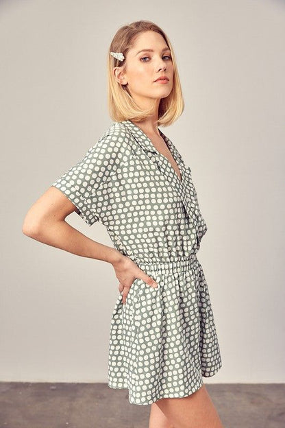 Collared Overlap Polka Dot Romper - us.meeeshop