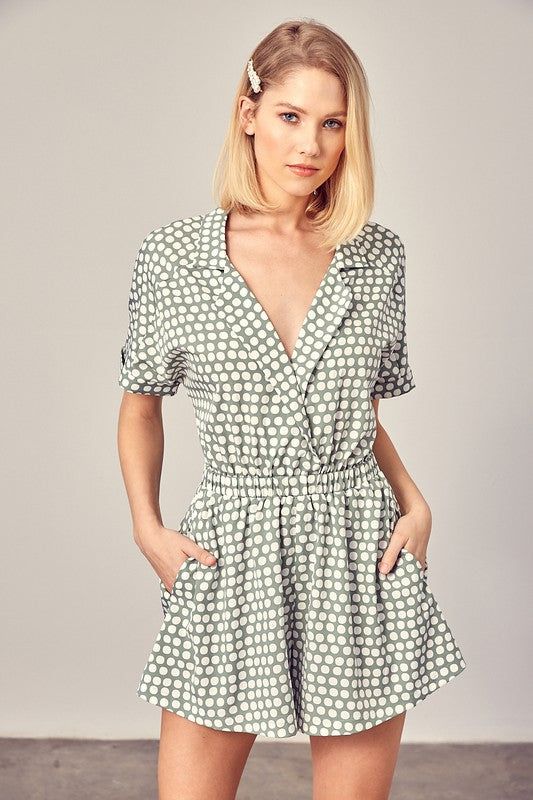 Collared Overlap Polka Dot Romper - us.meeeshop