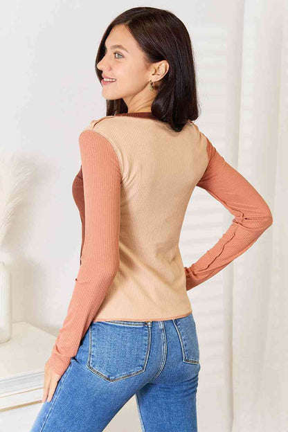 Color Block Exposed Seam Long Sleeve Top us.meeeshop - 