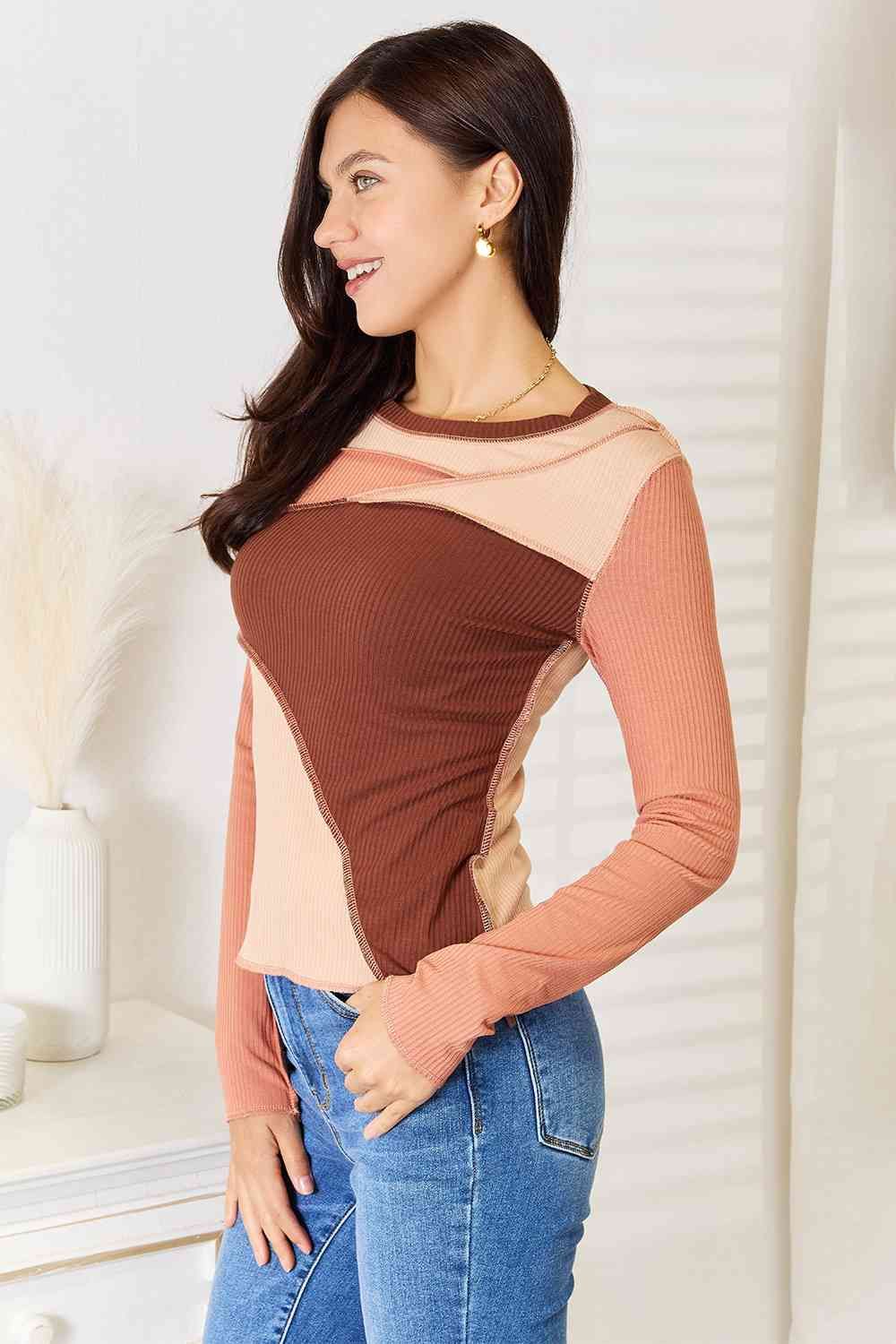 Color Block Exposed Seam Long Sleeve Top us.meeeshop - 