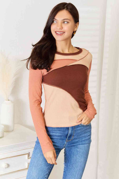 Color Block Exposed Seam Long Sleeve Top us.meeeshop - Shirts & Tops