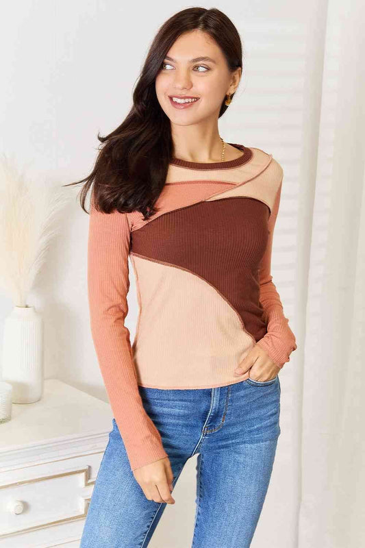 Color Block Exposed Seam Long Sleeve Top - us.meeeshop