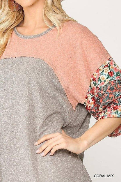 Colorblock Knit And Floral Print Mixed Top With Dolman Sleeve | us.meeeshop