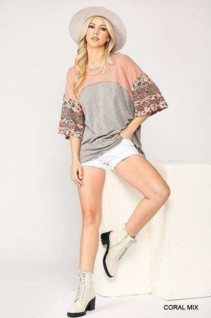Colorblock Knit And Floral Print Mixed Top With Dolman Sleeve | us.meeeshop