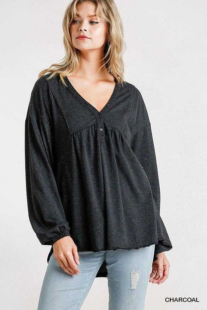 Confetti Detailed Long Puff Sleeve Babydoll Top With Button Front And Raw Hem | us.meeeshop