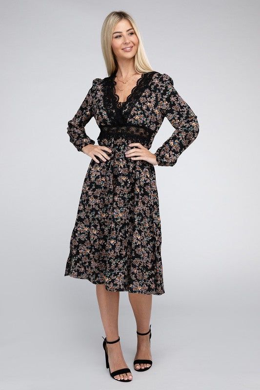 Contrast Lace Floral Print Dress us.meeeshop - Dresses