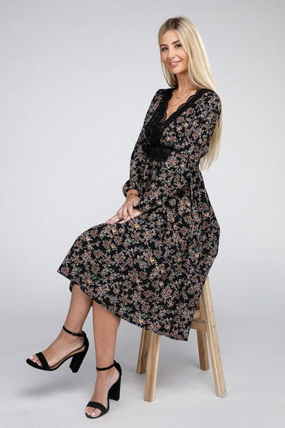 Contrast Lace Floral Print Dress us.meeeshop - 