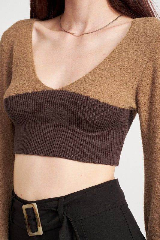 Contrast Knit Rib Cropped Top - us.meeeshop