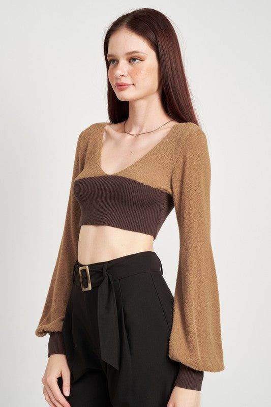 Contrast Knit Rib Cropped Top - us.meeeshop