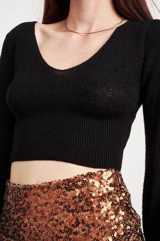 Contrast Knit Rib Cropped Top - us.meeeshop