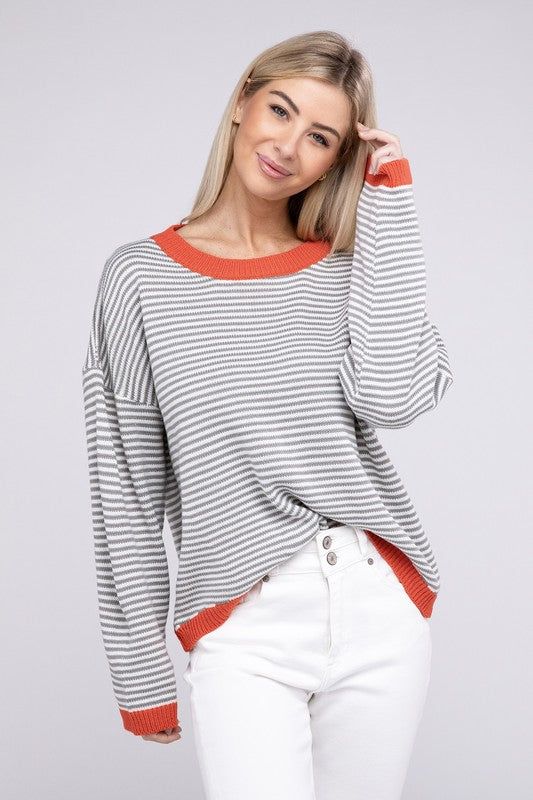 Contrast Trimmed Striped Pullover Knit - us.meeeshop