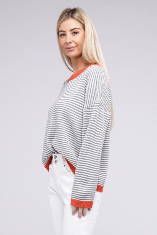 Contrast Trimmed Striped Pullover Knit - us.meeeshop