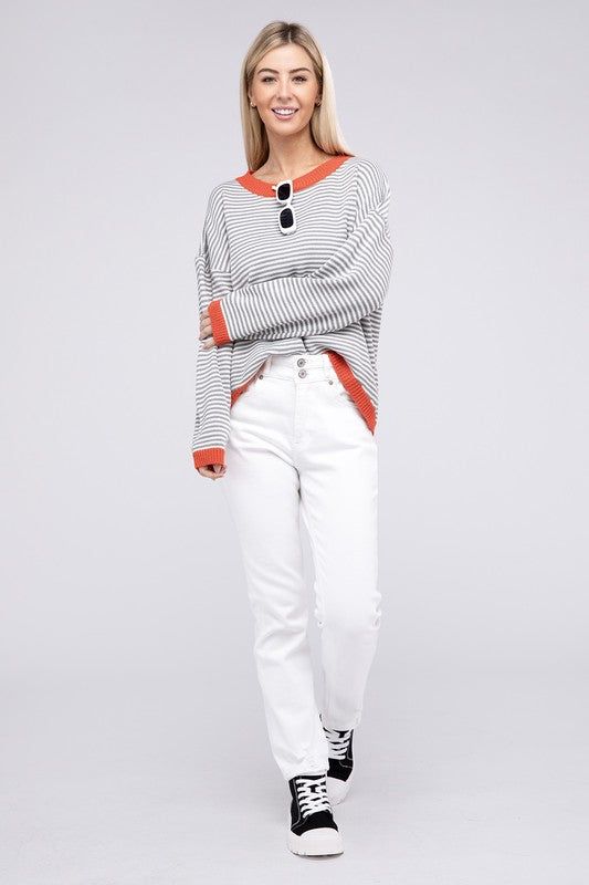 Contrast Trimmed Striped Pullover Knit - us.meeeshop