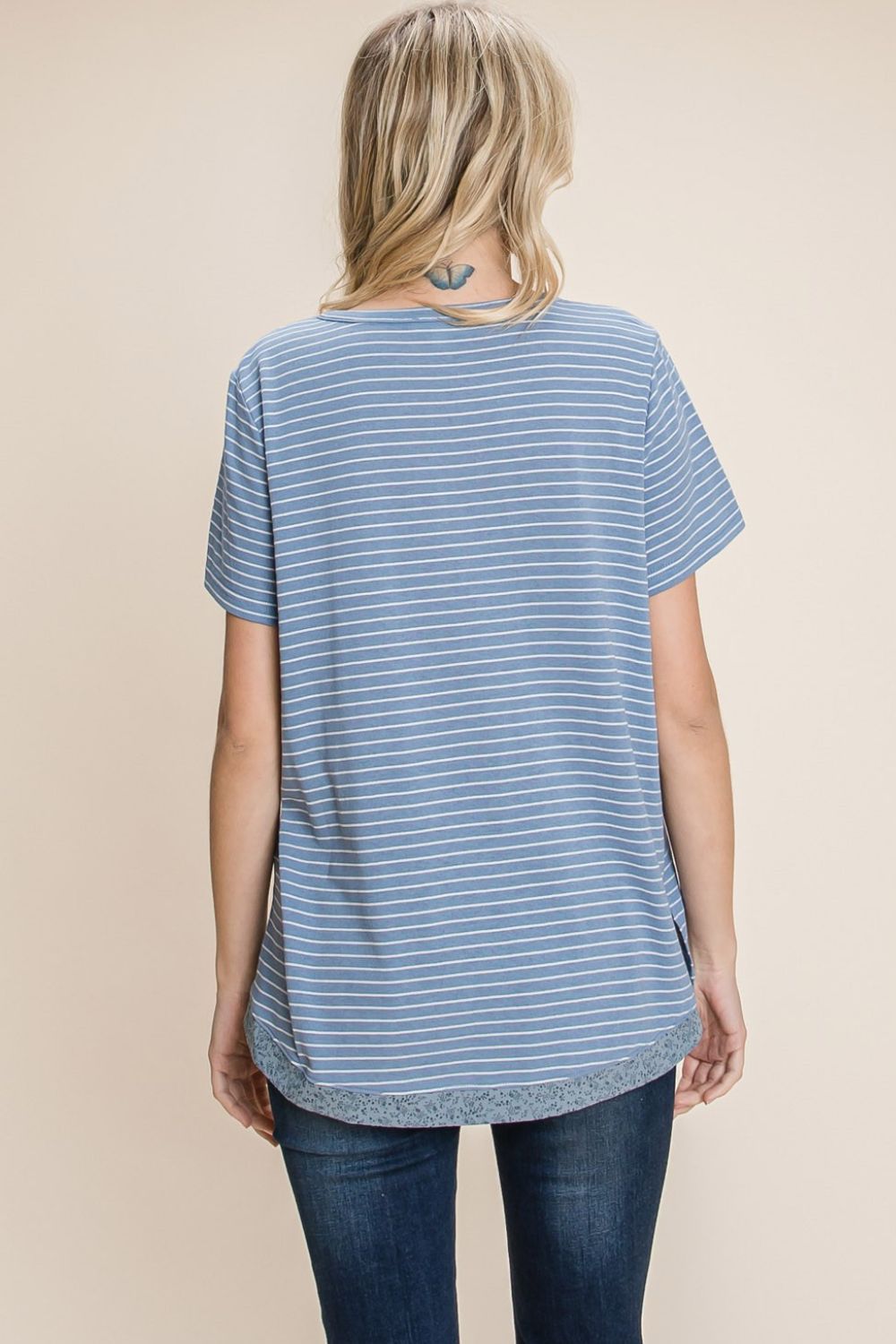 Cotton Bleu by Nu Lab Slit Striped Notched Short Sleeve T-Shirt us.meeeshop - 