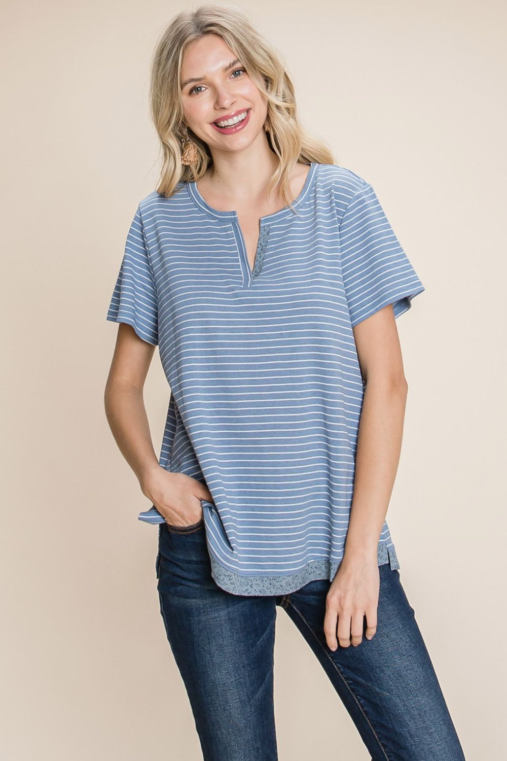 Cotton Bleu by Nu Lab Slit Striped Notched Short Sleeve T-Shirt us.meeeshop - Shirts & Tops