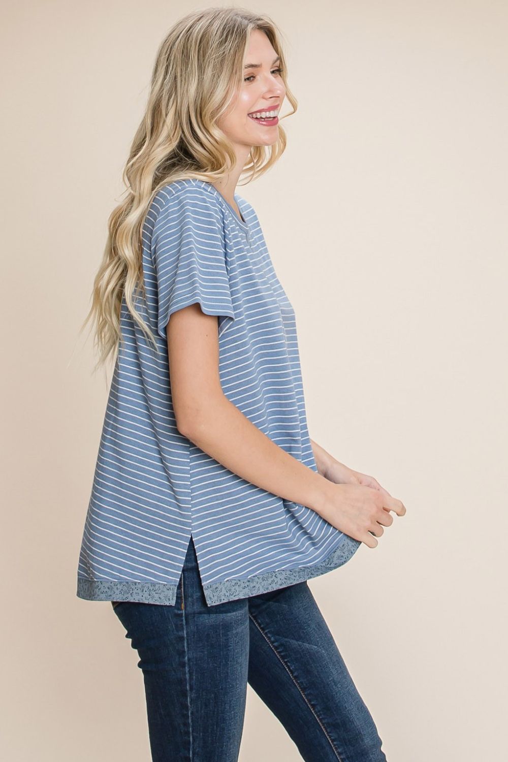 Cotton Bleu by Nu Lab Slit Striped Notched Short Sleeve T-Shirt us.meeeshop - 