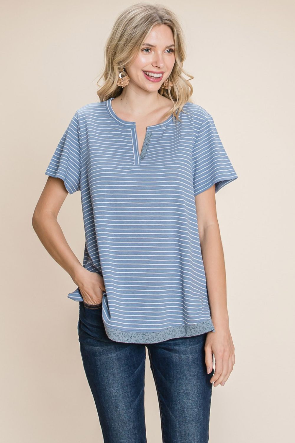 Cotton Bleu by Nu Lab Slit Striped Notched Short Sleeve T-Shirt us.meeeshop - 